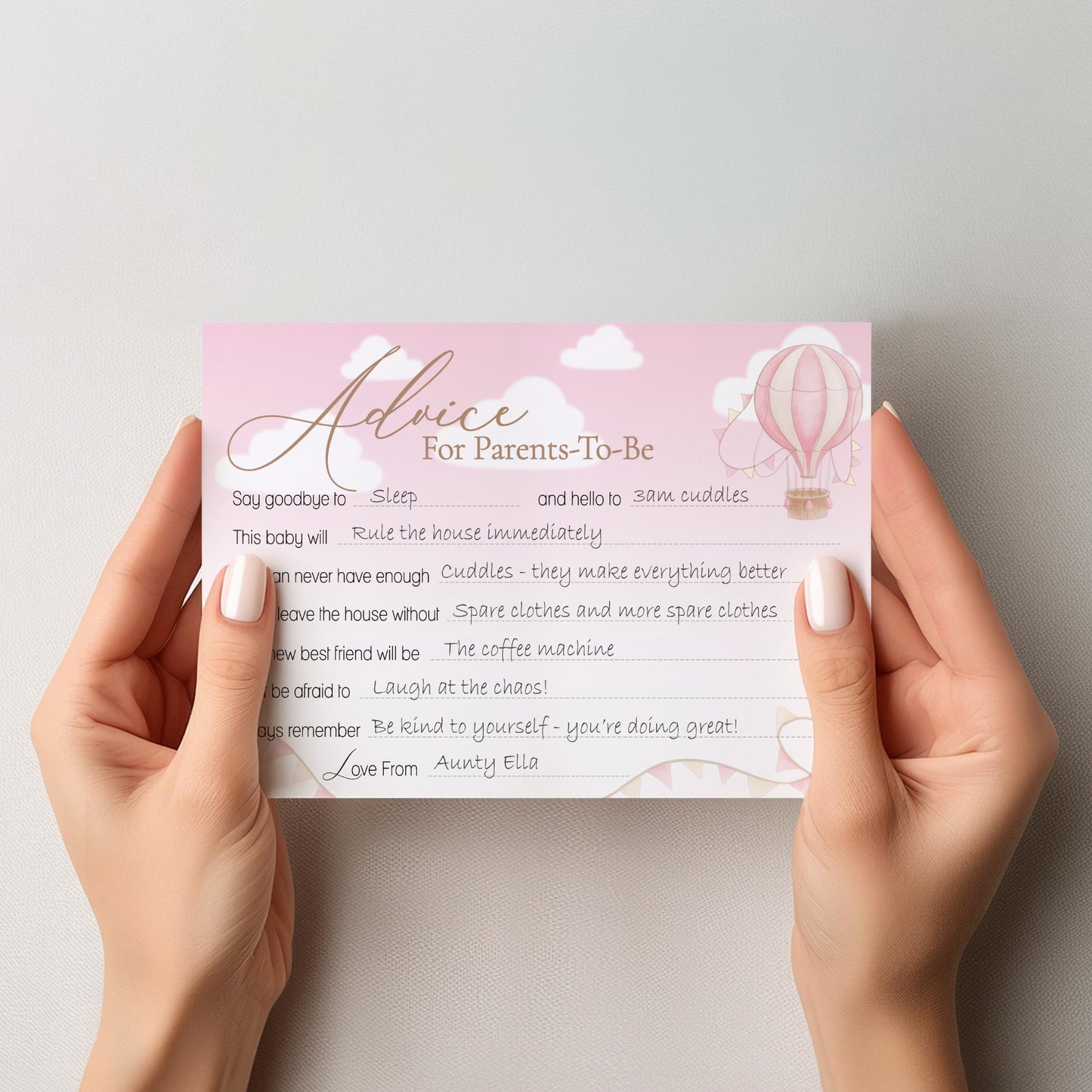 Pink Up & Away Hot Air Balloon Advice Cards – Baby Shower Keepsake for Parents-To-Be