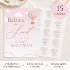 Pink hot air balloon baby shower Babies are Sweet Please Take a Treat sign with 15 large Ready to POP favour stickers