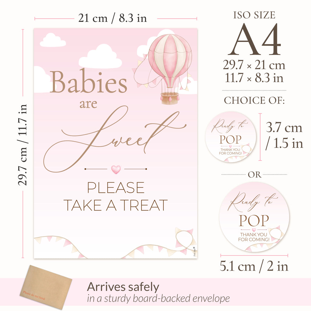 A4 Babies are Sweet Please Take a Treat baby shower sign with 37mm and 51mm Ready to POP sticker size options