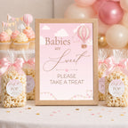 Babies are Sweet Please Take a Treat baby shower sign with large Ready to POP stickers on popcorn favour bags