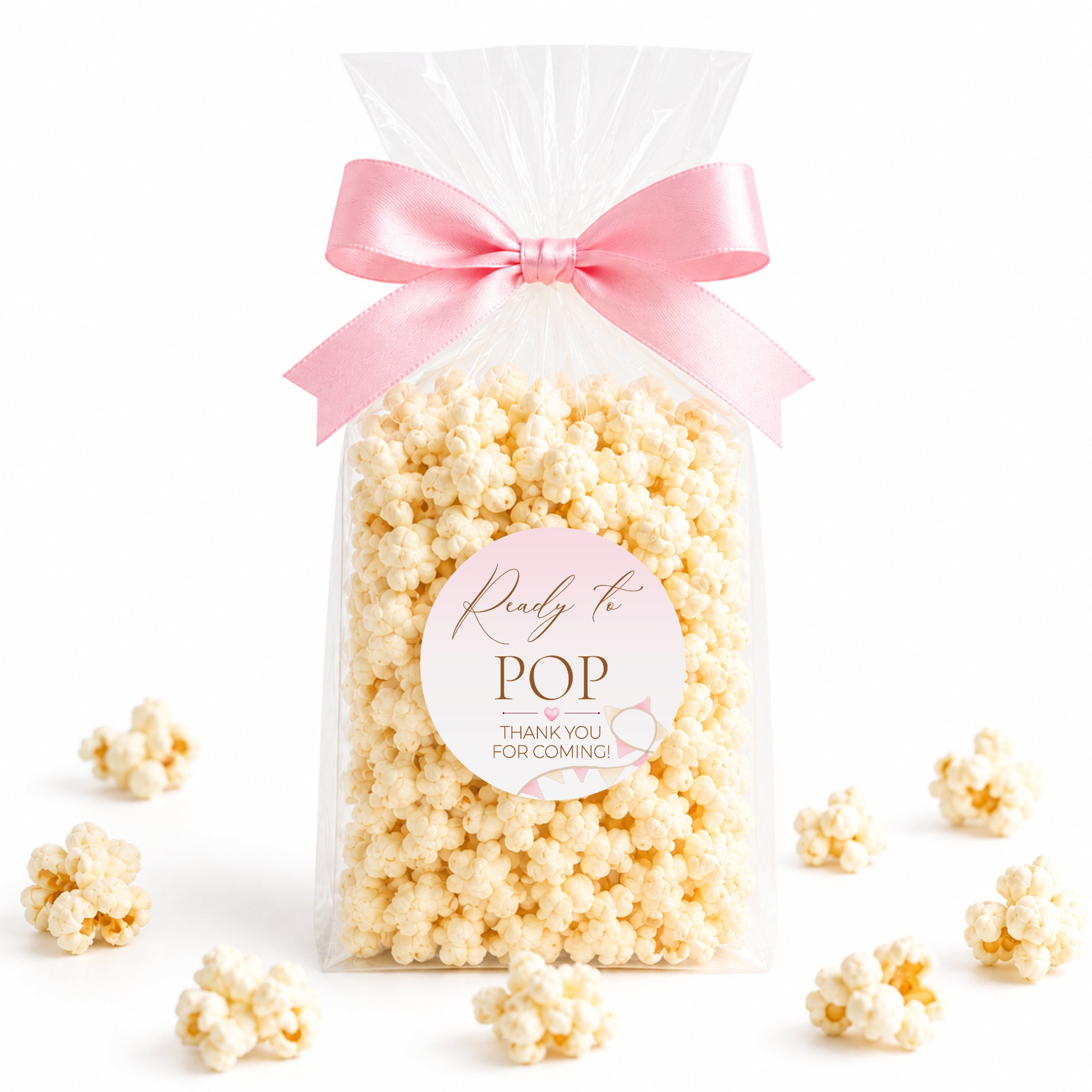 Popcorn baby shower favour bag with large pink Ready to POP Thank You for Coming sticker and ribbon bow