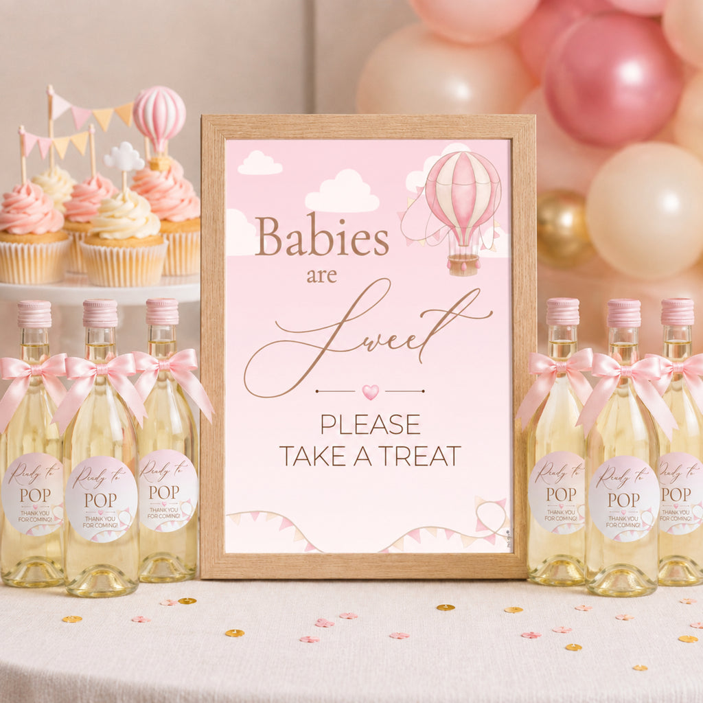 Babies are Sweet Please Take a Treat baby shower sign with Ready to POP stickers on mini wine bottle favours