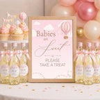 Babies are Sweet Please Take a Treat baby shower sign with Ready to POP stickers on mini wine bottle favours