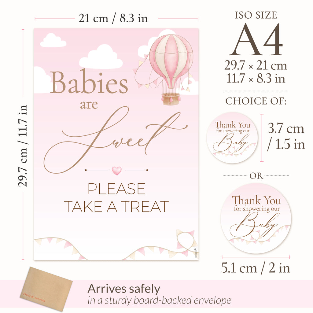Pink A4 baby shower invitation card design with a hot air balloon illustration and text reading 'Babies are Sweet PLEASE TAKE A TREAT,' shown with size measurements and envelope packaging information.