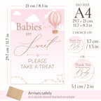 Pink A4 baby shower invitation card design with a hot air balloon illustration and text reading 'Babies are Sweet PLEASE TAKE A TREAT,' shown with size measurements and envelope packaging information.