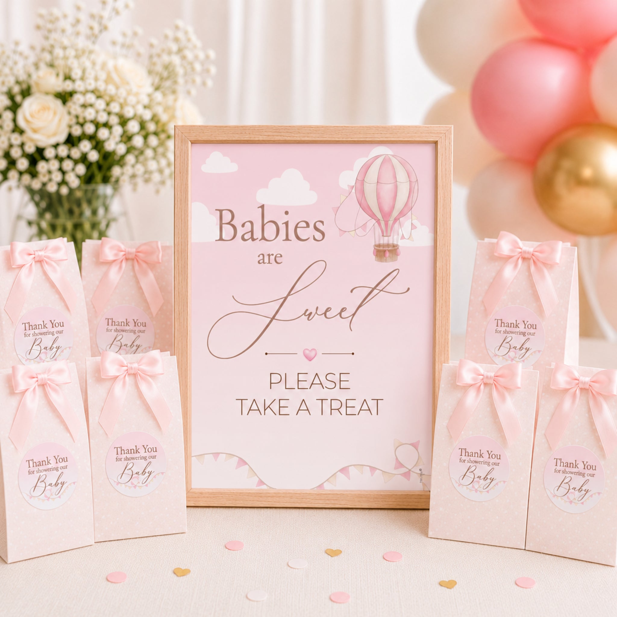 Pink hot air balloon baby shower favour sign with matching thank you stickers on guest gift bags