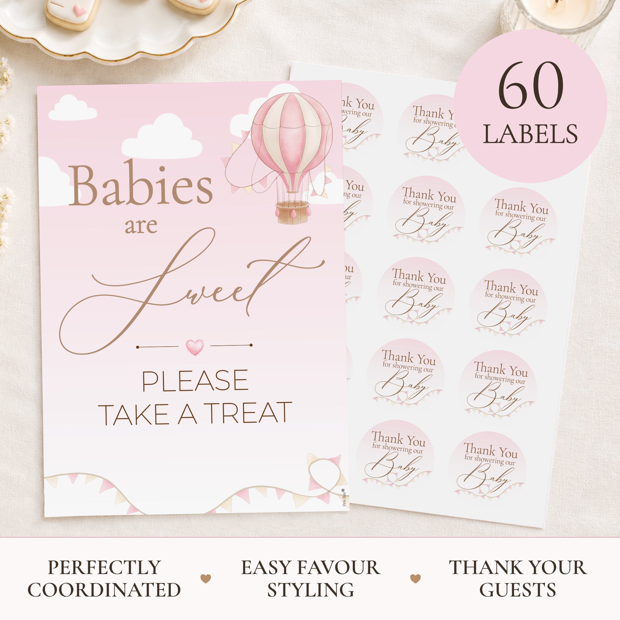 Pink baby shower favour sign and 60 large 51mm Thank You for Showering Our Baby stickers