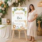 Personalised Safari baby shower welcome sign displayed beside expectant mother with elegant safari decorations, neutral jungle baby shower welcome board on wooden easel.