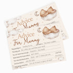 Two baby shower 'Advice For Mummy' cards featuring a cute illustration of a sleeping teddy bear on a fluffy cloud under a crescent moon. The cards are printed in a warm cream color with brown text and illustrations, and are shown overlapping on a clean white background.
