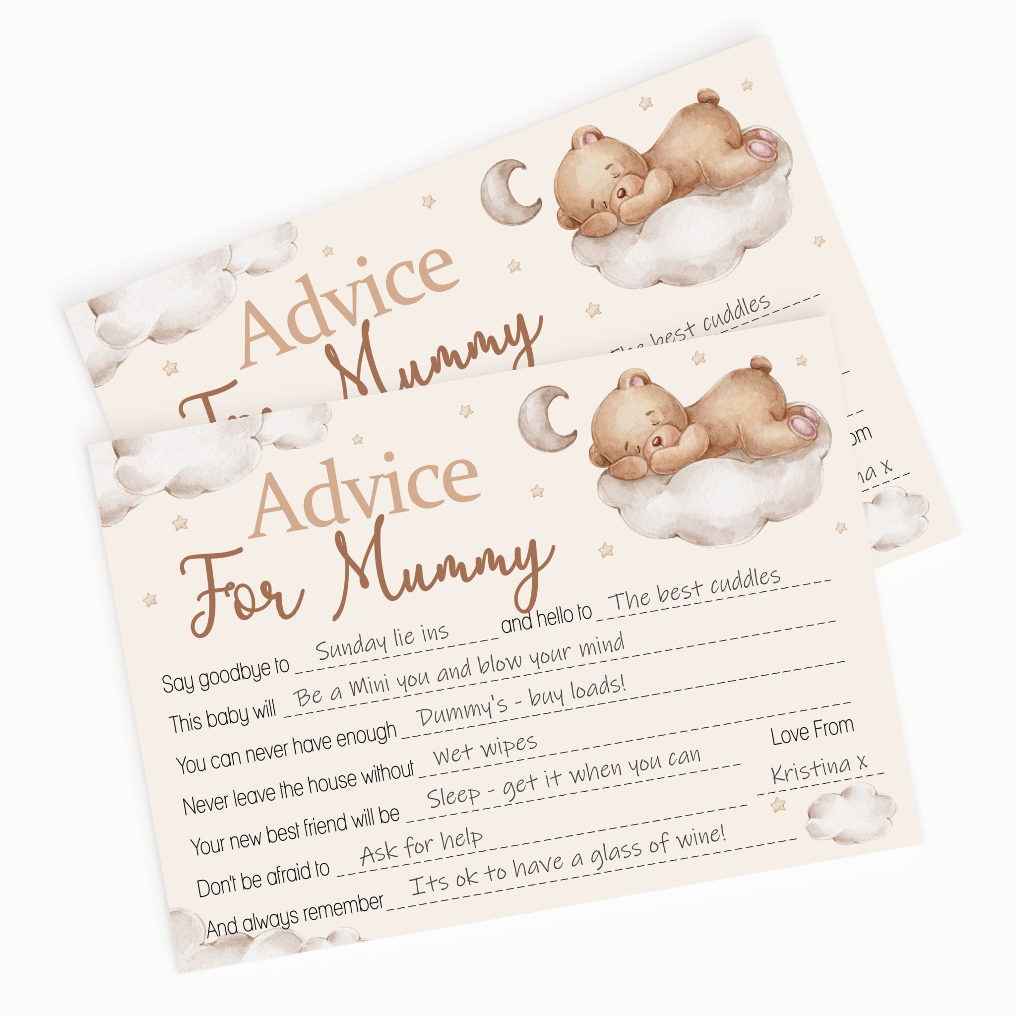 Two baby shower 'Advice For Mummy' cards featuring a cute illustration of a sleeping teddy bear on a fluffy cloud under a crescent moon. The cards are printed in a warm cream color with brown text and illustrations, and are shown overlapping on a clean white background.