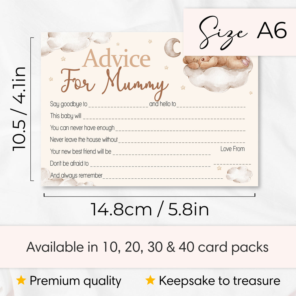A6 size 'Advice For Mummy' keepsake card template shown with dimensions, featuring a soft cream background, brown script text, and watercolor illustrations of a baby on clouds. Text at the bottom notes available pack sizes 10, 20, 30 & 40 and premium quality.