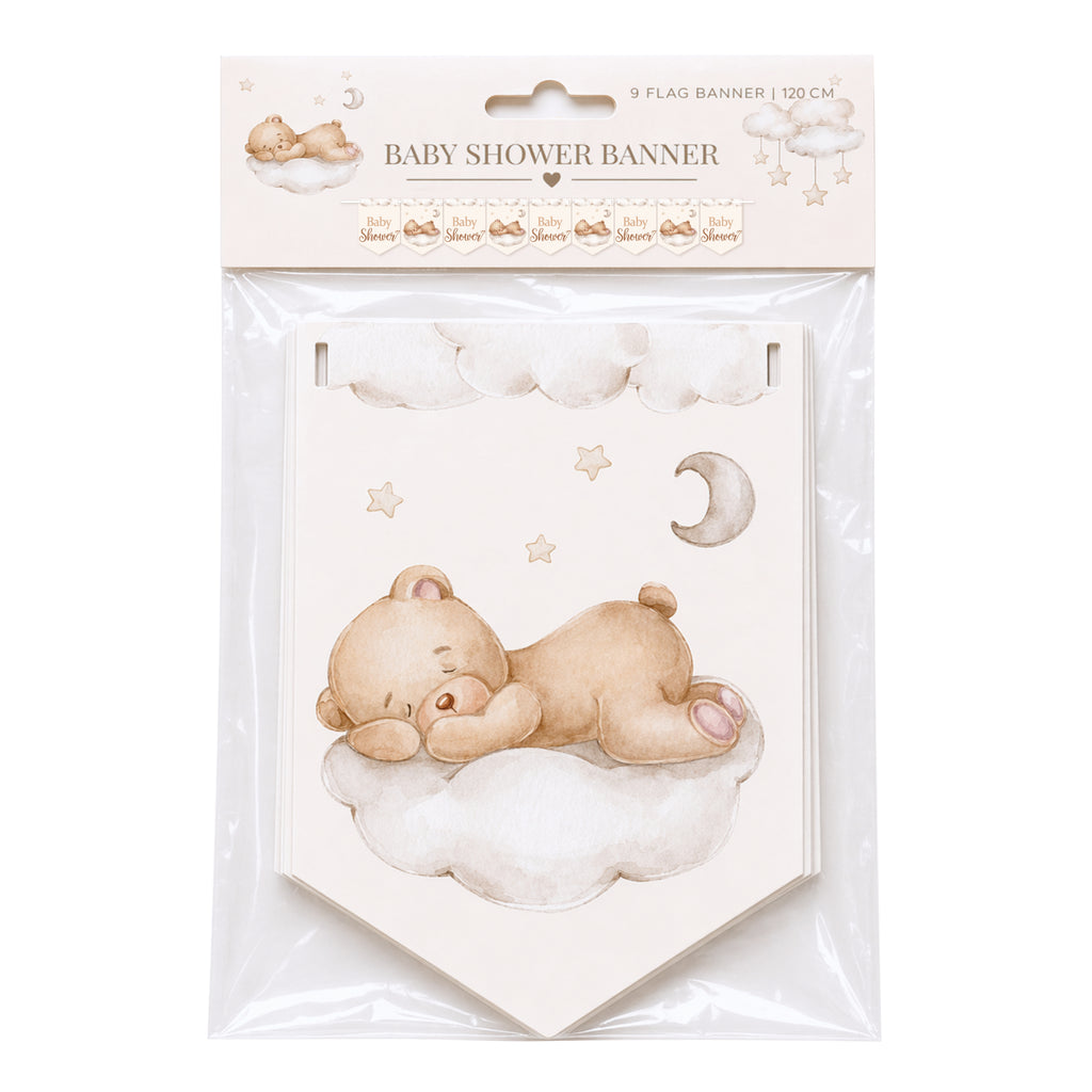 Teddy bear baby shower banner pack contents showing single and twin banner options with ribbon included.