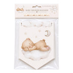 Teddy bear baby shower banner pack contents showing single and twin banner options with ribbon included.