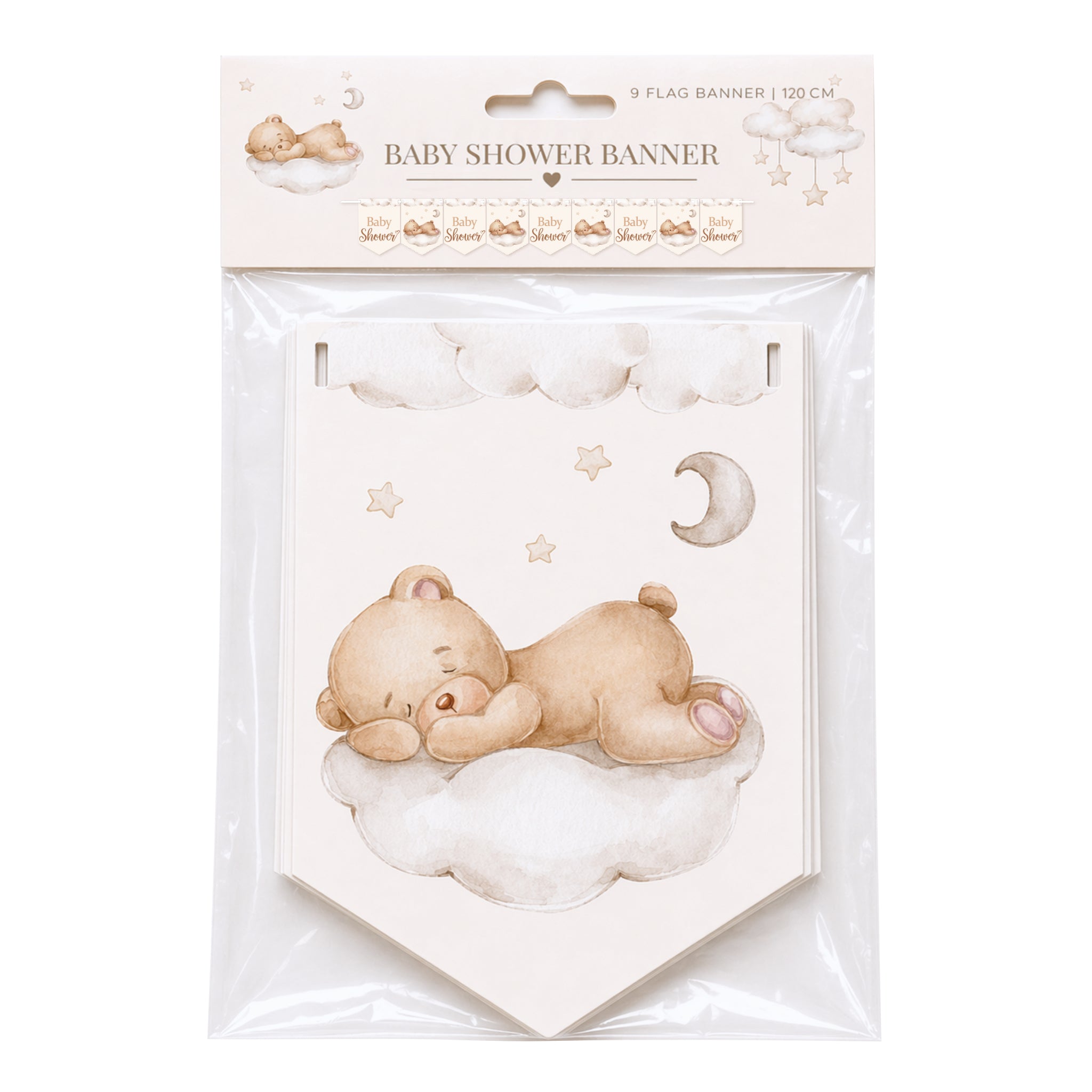Teddy bear baby shower banner pack contents showing single and twin banner options with ribbon included.