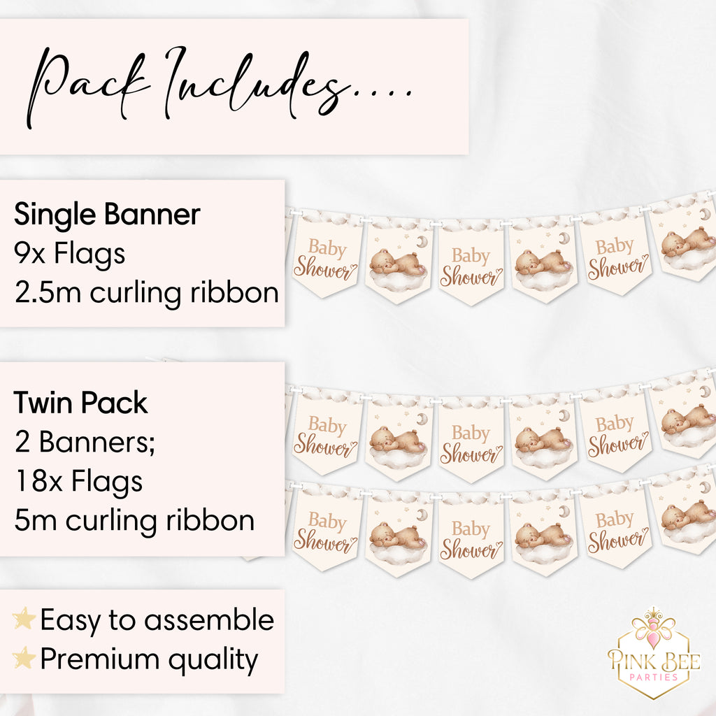 Teddy bear baby shower banner pack contents showing single and twin banner options with ribbon included.