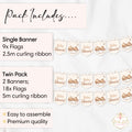 Teddy bear baby shower banner pack contents showing single and twin banner options with ribbon included.