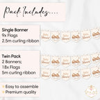Teddy bear baby shower banner pack contents showing single and twin banner options with ribbon included.