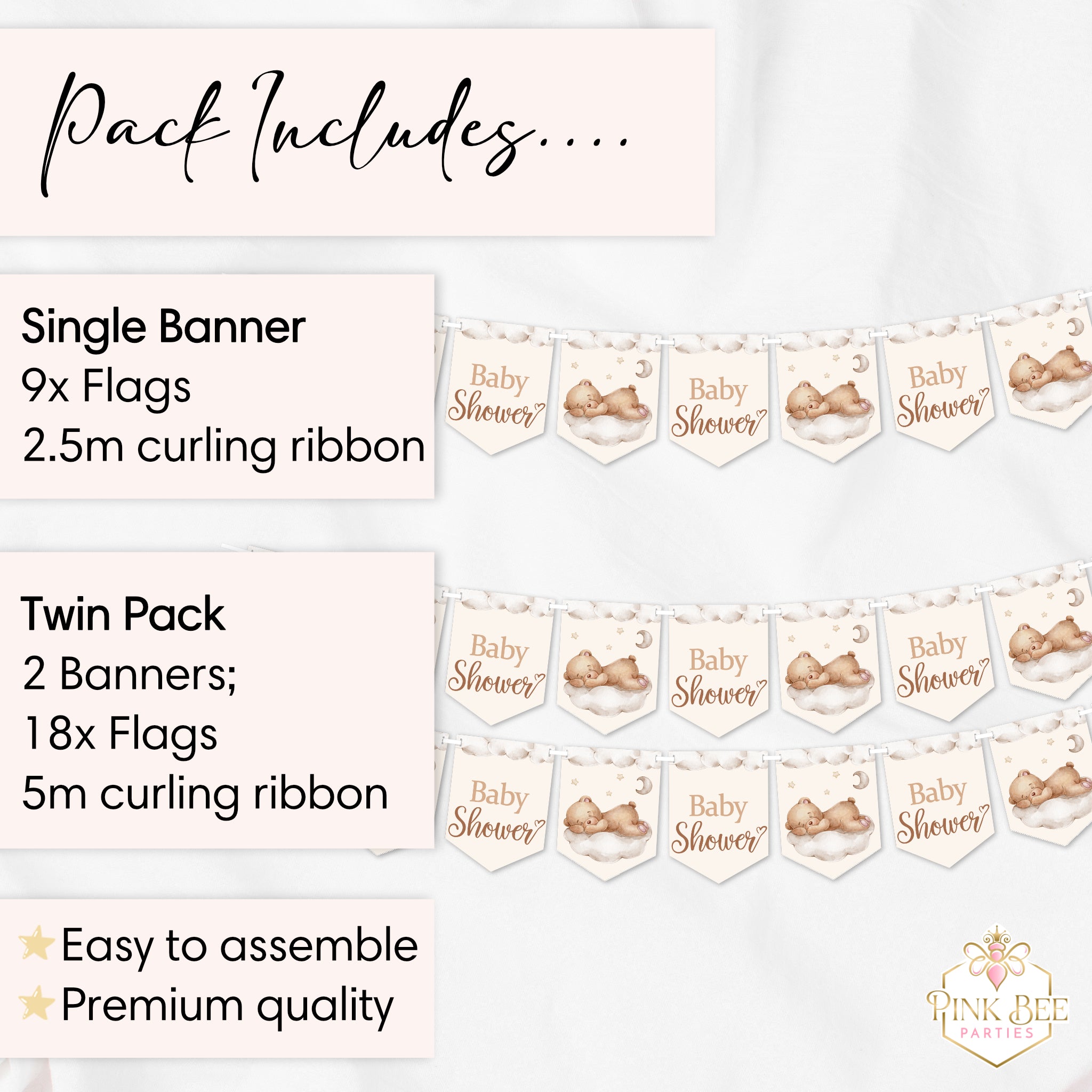 Teddy bear baby shower banner pack contents showing single and twin banner options with ribbon included.