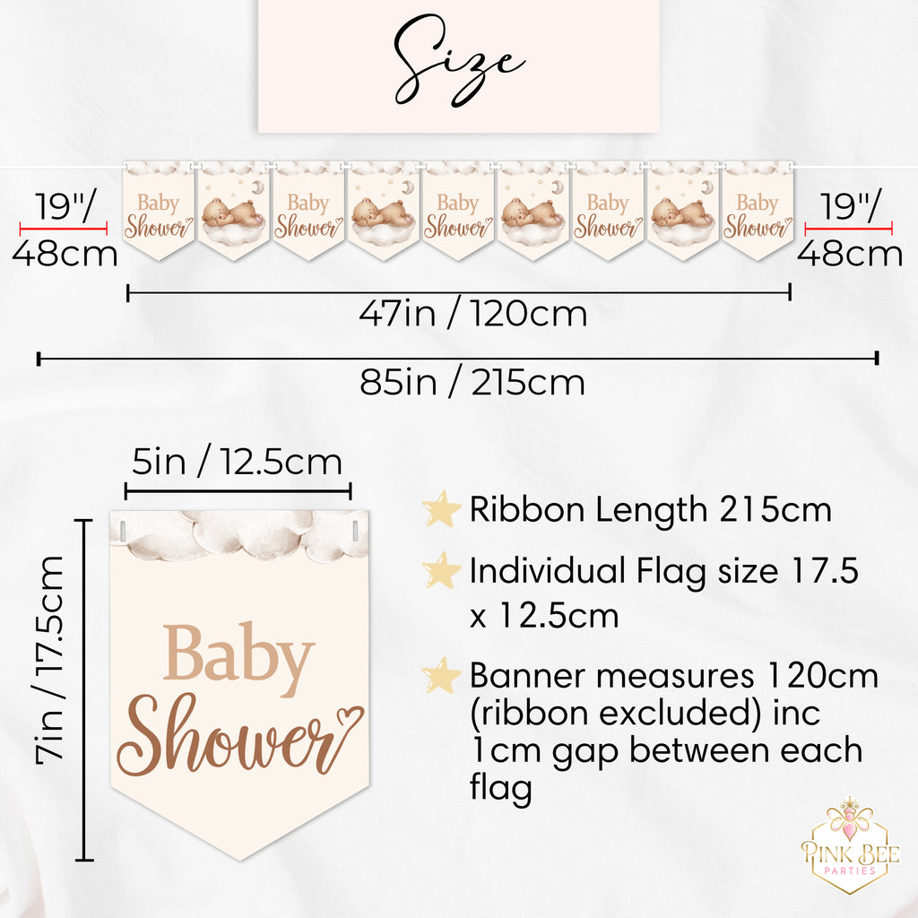 Size guide for teddy bear baby shower banner showing 9 flag dimensions, overall banner length and ribbon length.