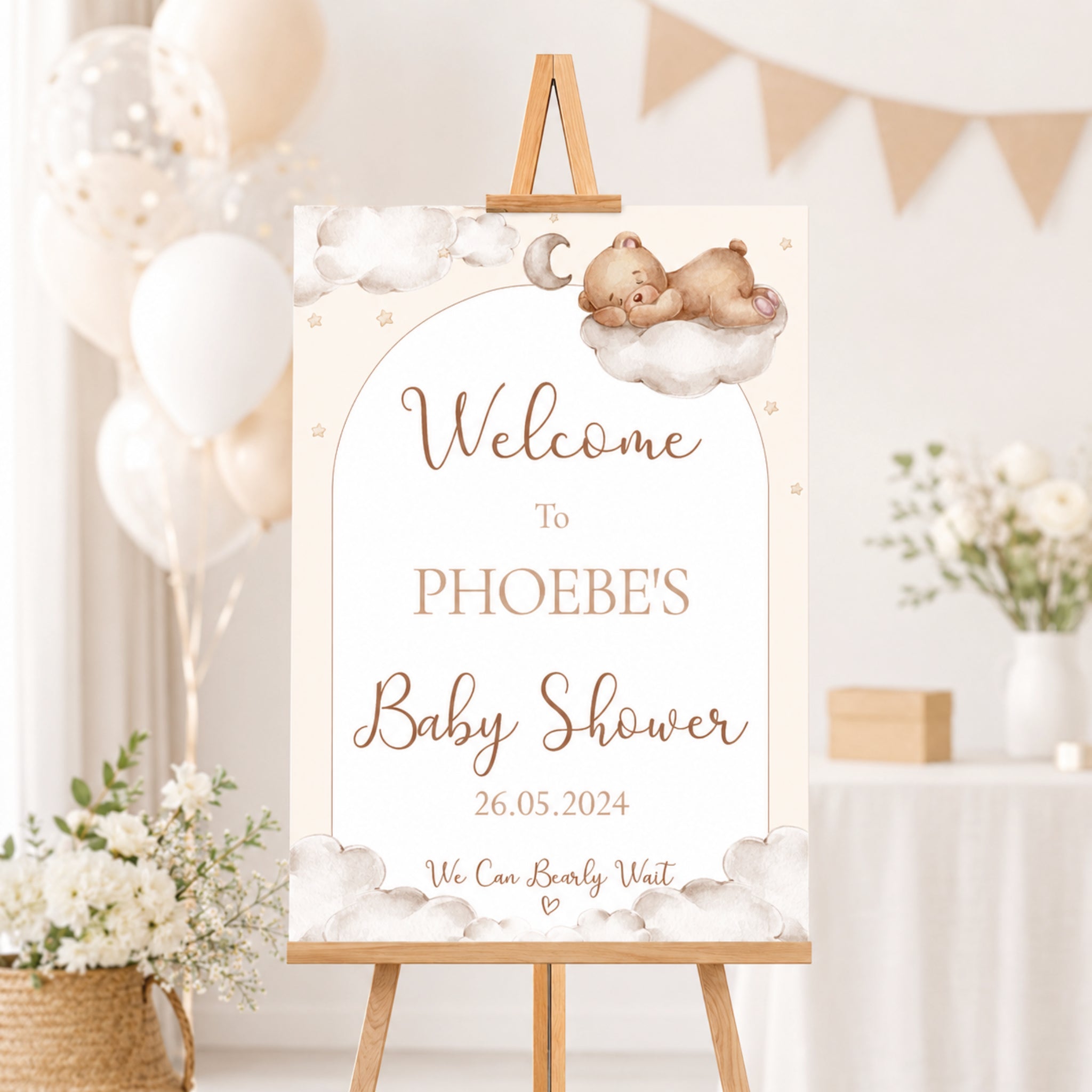 Personalised Teddy Bear Baby Shower Welcome Sign on wooden easel featuring sleeping teddy bear design for baby boy, baby girl or neutral teddy themed baby shower decoration.