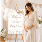 Pregnant mum standing beside personalised Teddy Bear Baby Shower Welcome Sign showing elegant welcome display for teddy themed baby shower venue.