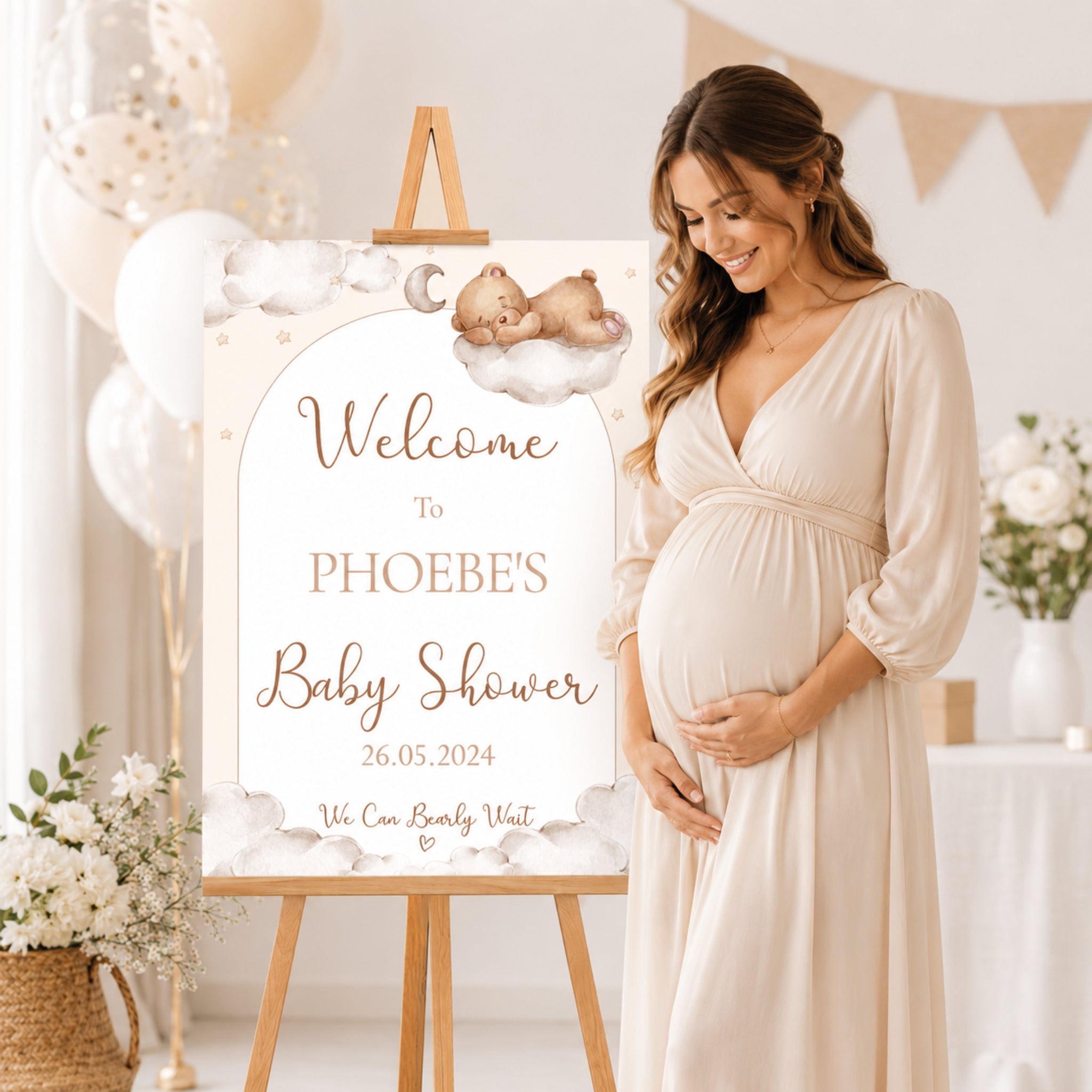 Pregnant mum standing beside personalised Teddy Bear Baby Shower Welcome Sign showing elegant welcome display for teddy themed baby shower venue.