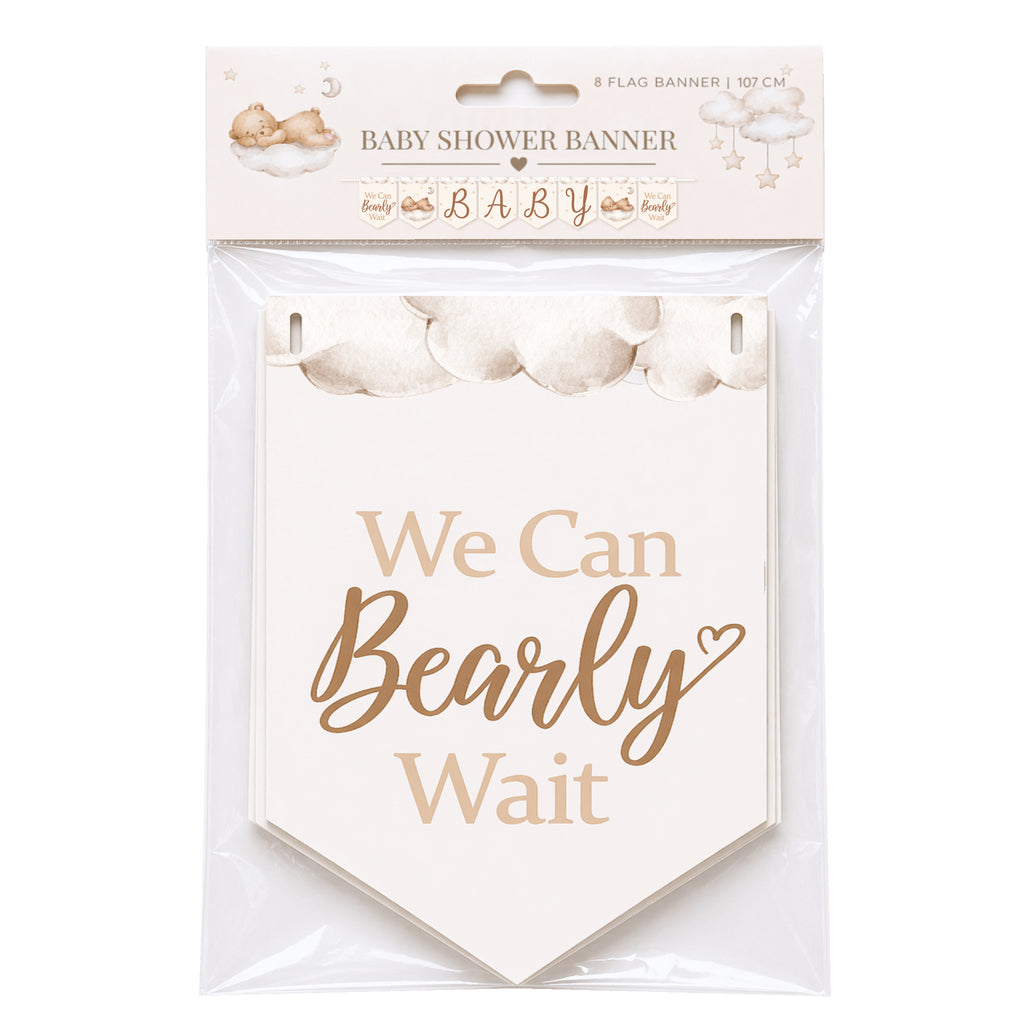 Retail packaging for teddy bear baby shower banner featuring We Can Bearly Wait neutral baby shower bunting.