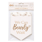 Retail packaging for teddy bear baby shower banner featuring We Can Bearly Wait neutral baby shower bunting.