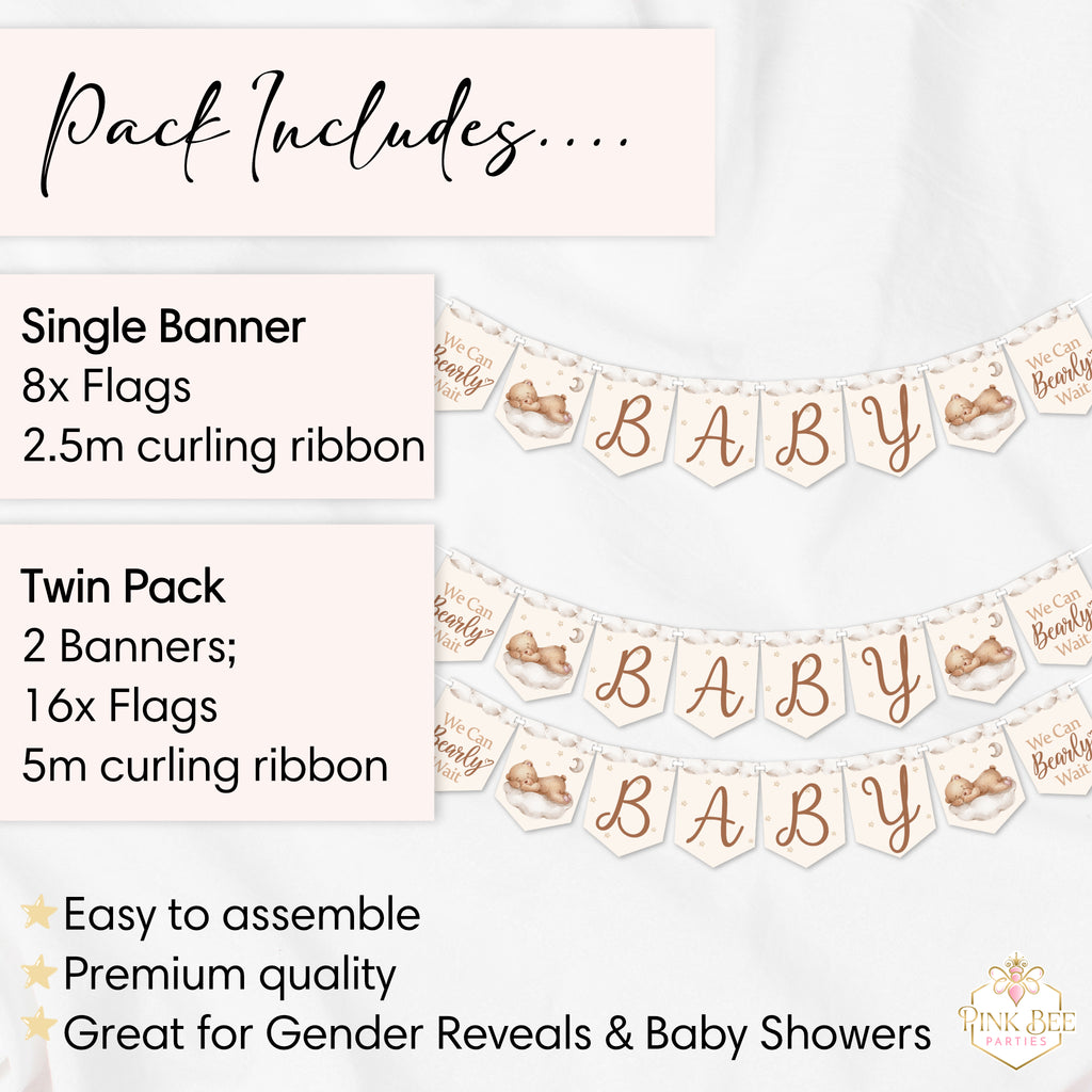 Teddy bear baby shower banner pack contents showing single and twin banner options with ribbon included.