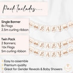 Teddy bear baby shower banner pack contents showing single and twin banner options with ribbon included.