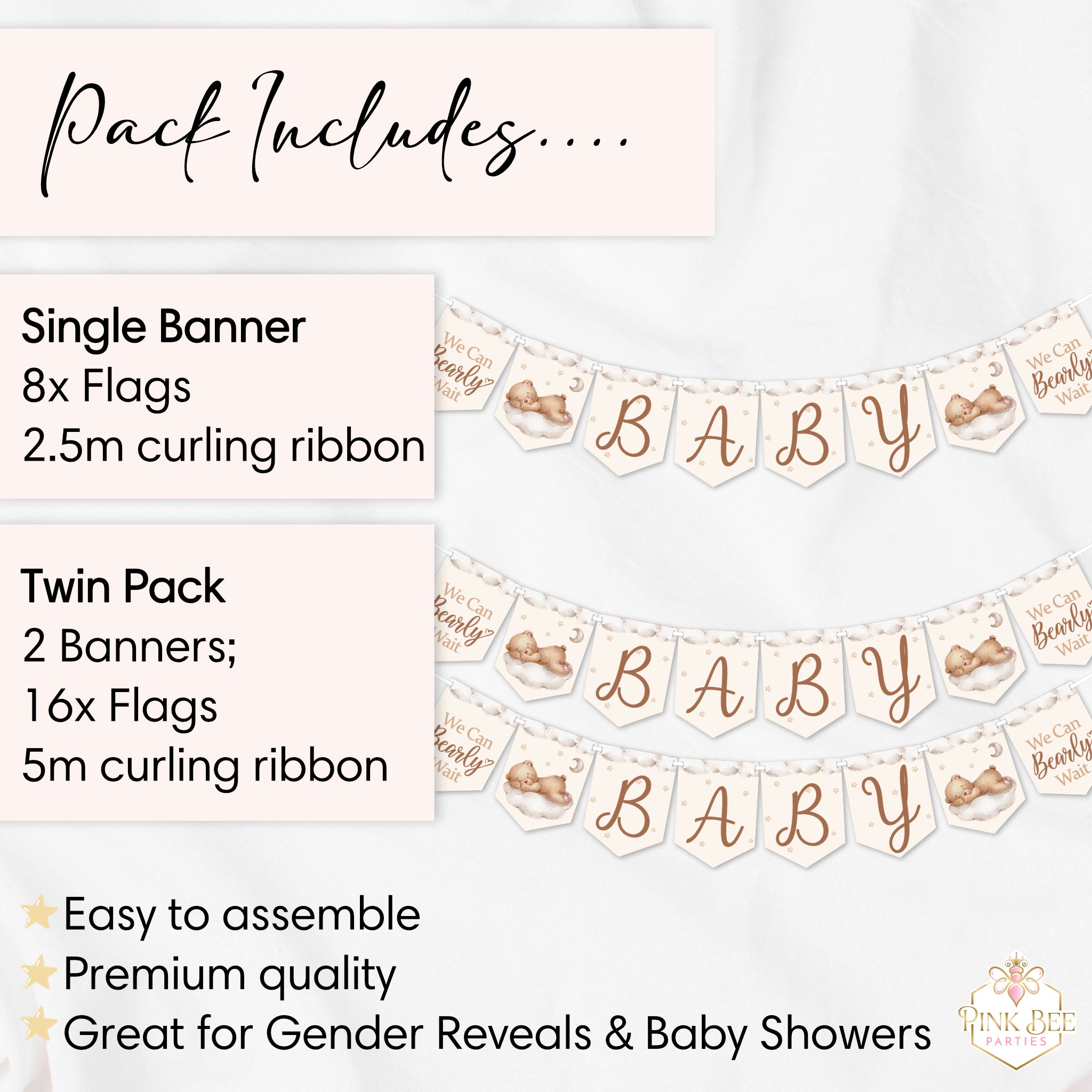 Teddy bear baby shower banner pack contents showing single and twin banner options with ribbon included.