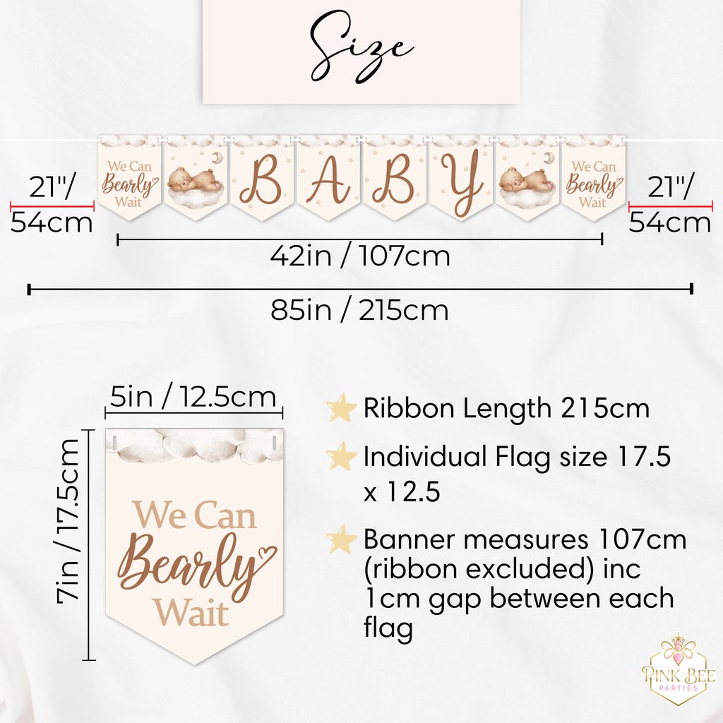 Size guide for teddy bear baby shower banner showing overall dimensions, ribbon length and individual flag measurements.