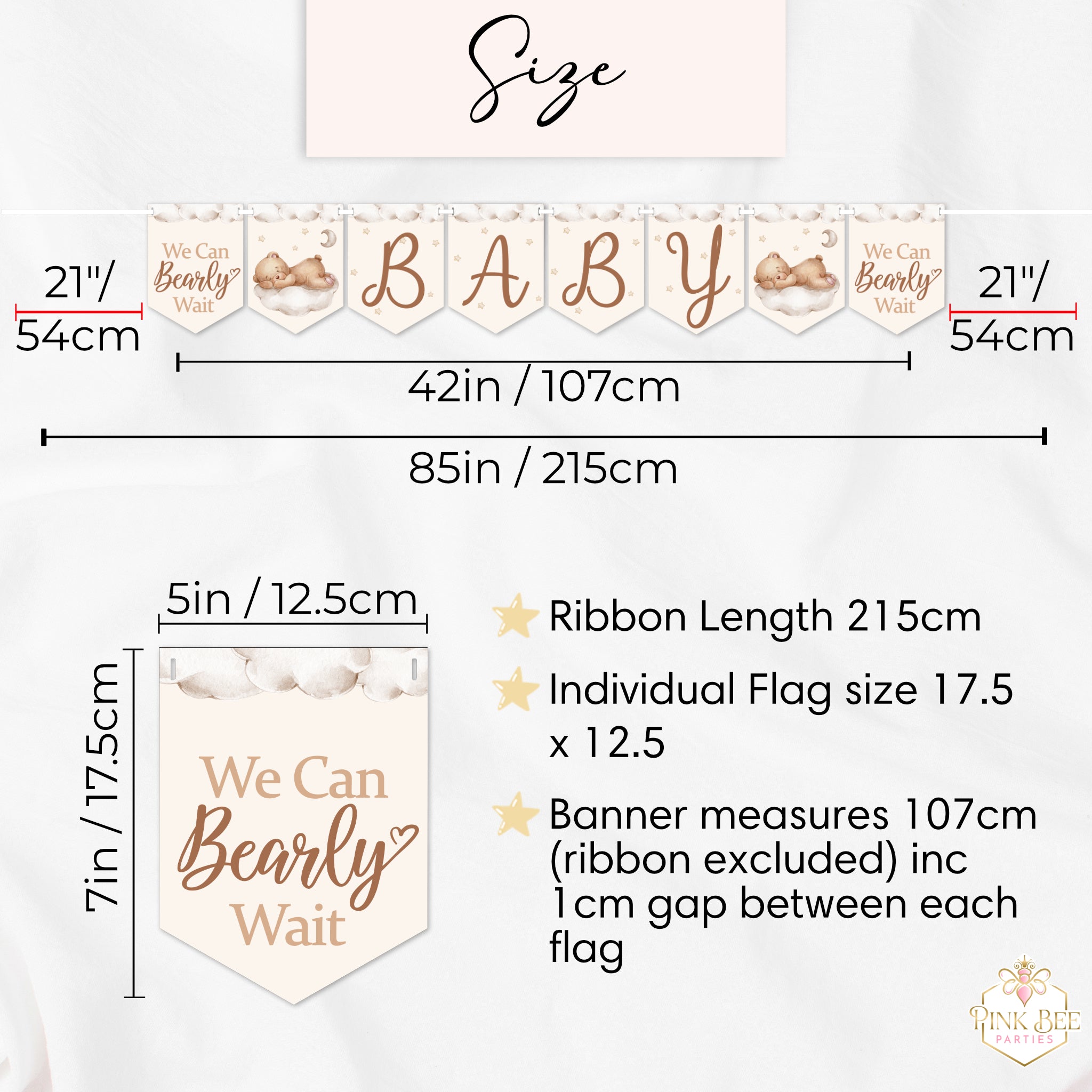 Size guide for teddy bear baby shower banner showing overall dimensions, ribbon length and individual flag measurements.
