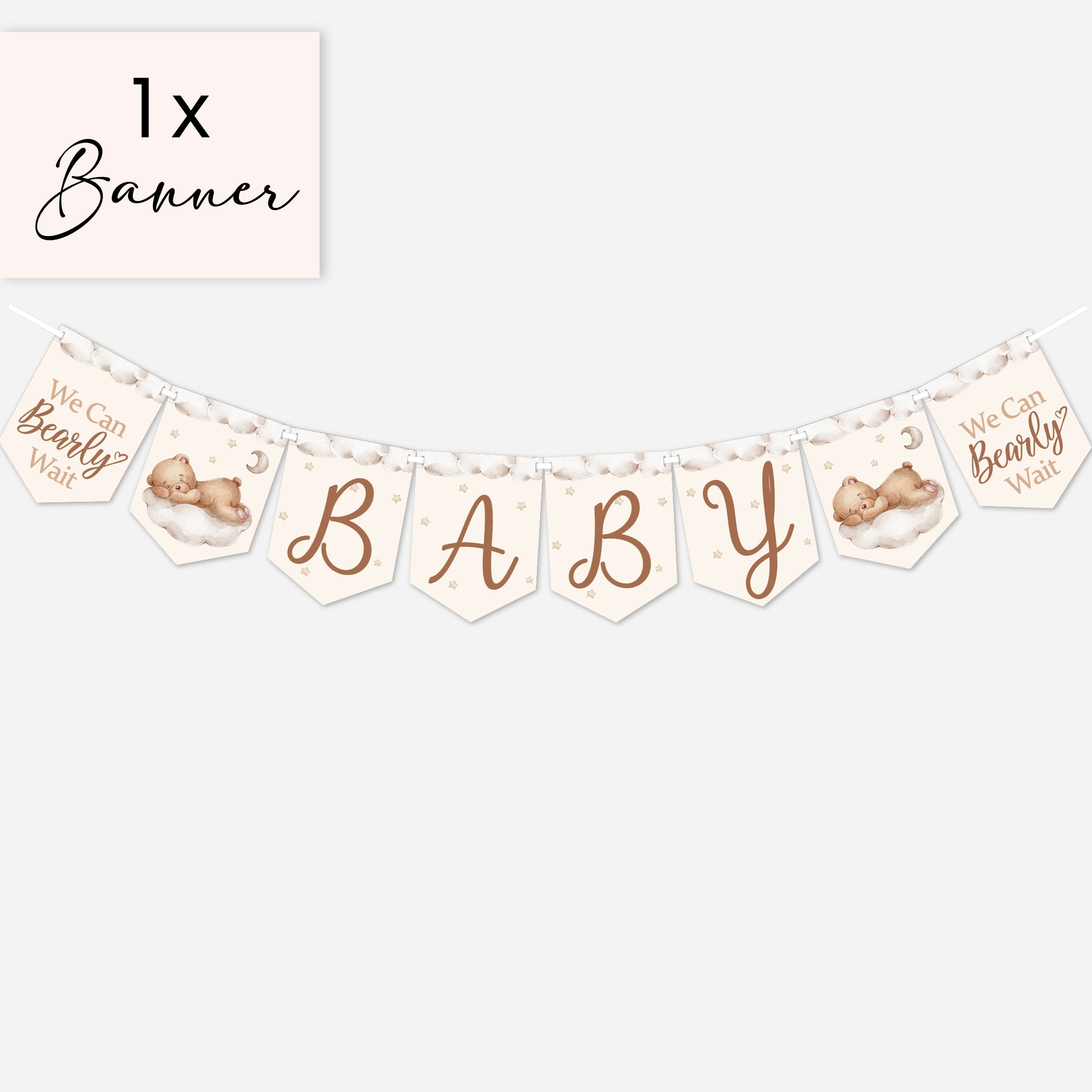 Single teddy bear baby shower banner bunting with eight neutral themed flags spelling BABY.