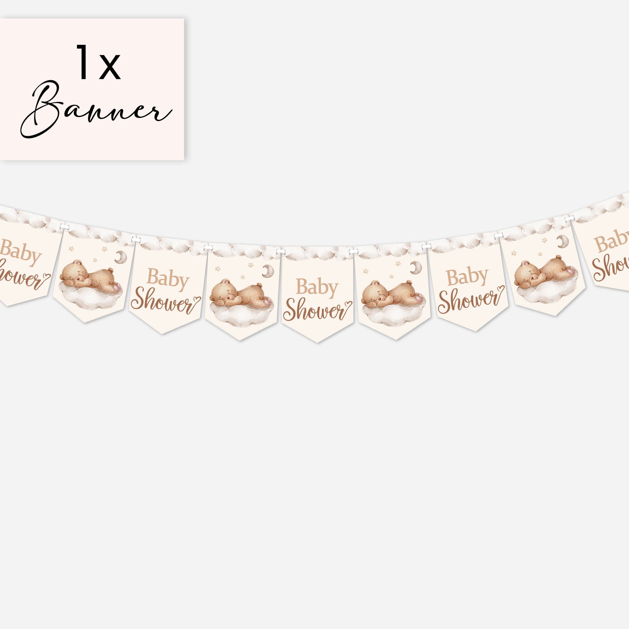 Single teddy bear baby shower banner with nine alternating Baby Shower and teddy bear flags on white background.