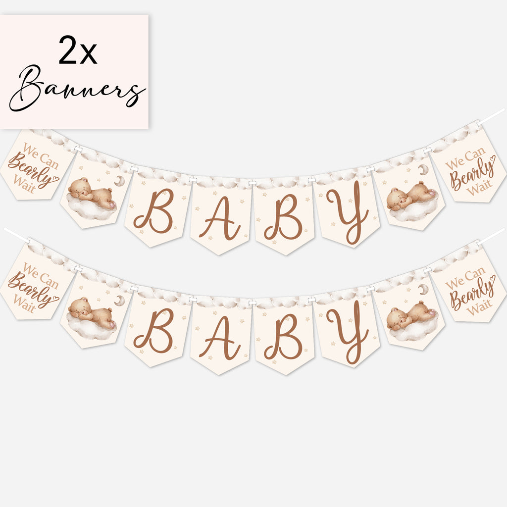 Twin pack teddy bear baby shower banner bunting showing two complete neutral BABY banners.