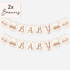 Twin pack teddy bear baby shower banner bunting showing two complete neutral BABY banners.