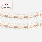 Twin pack teddy bear baby shower banner showing two matching 9 flag bunting decorations.