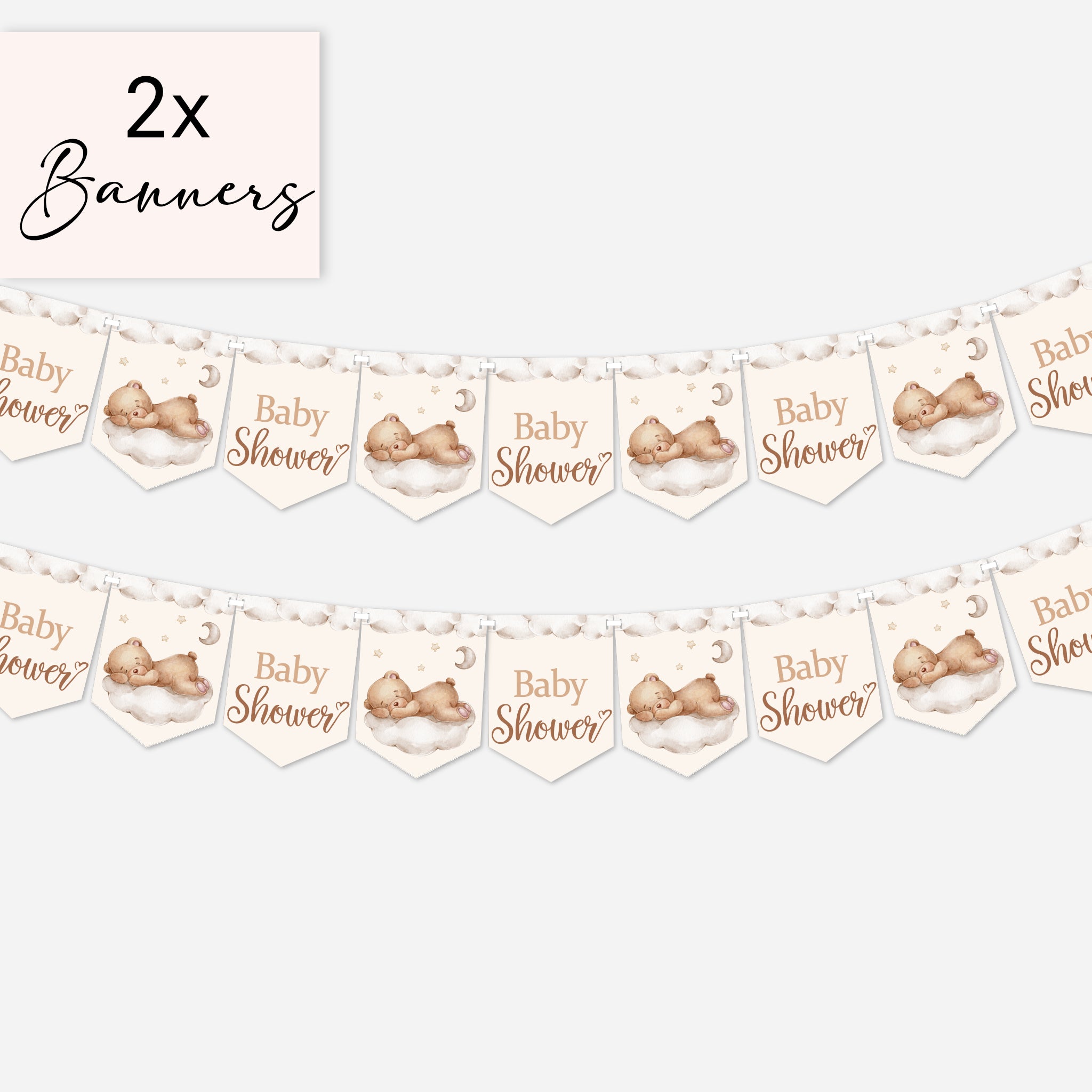 Twin pack teddy bear baby shower banner showing two matching 9 flag bunting decorations.