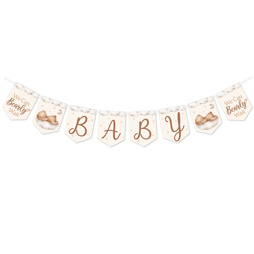 Neutral teddy bear baby shower banner isolated on white background for single banner option.
