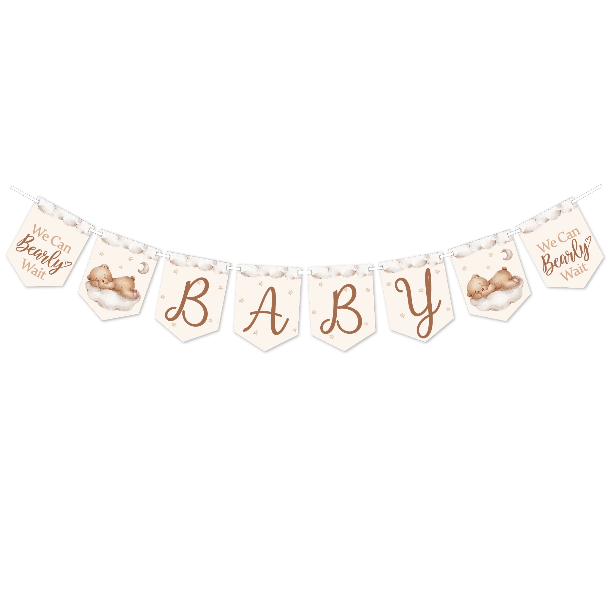 Neutral teddy bear baby shower banner isolated on white background for single banner option.