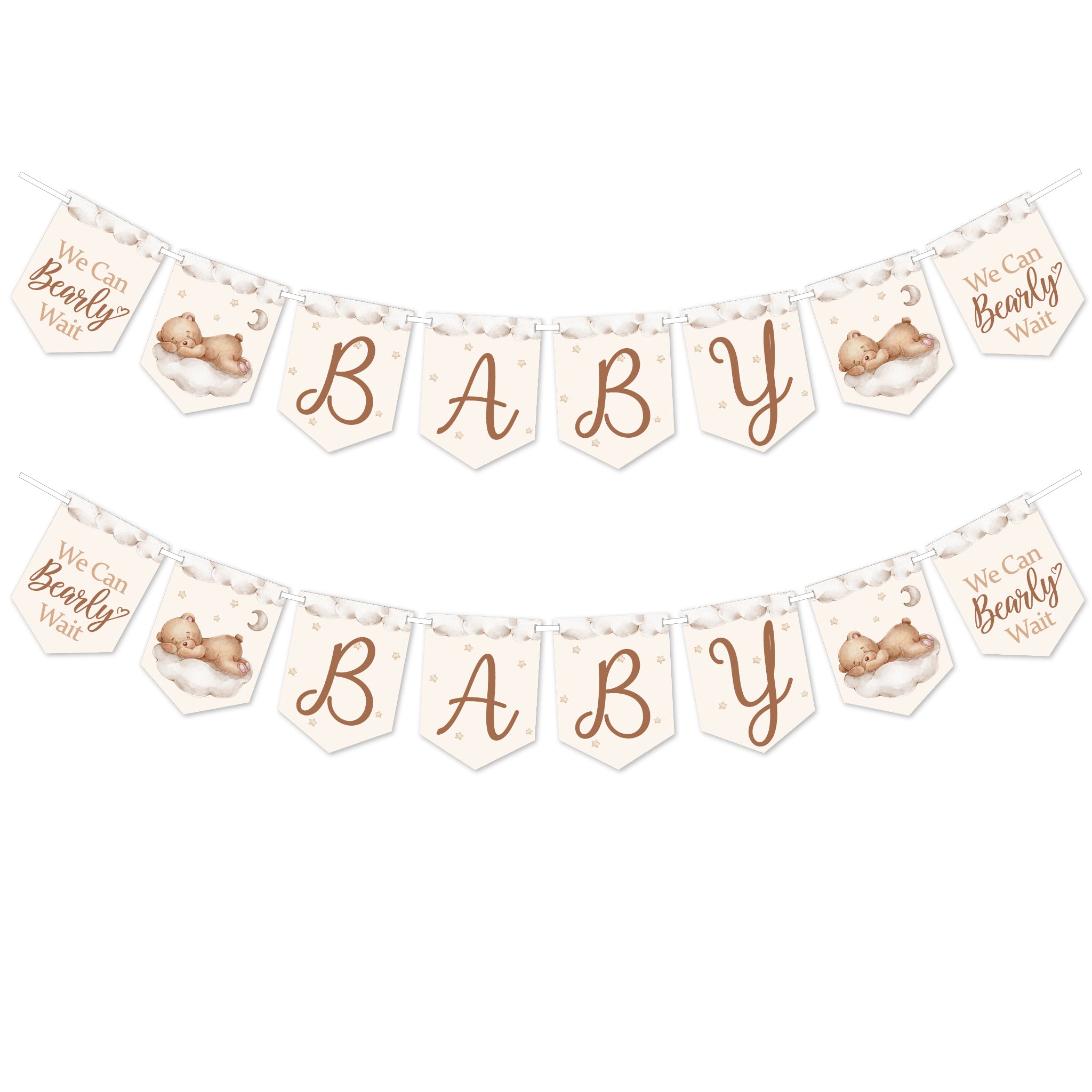 Twin teddy bear baby shower banners isolated on white background showing two complete banner decorations.