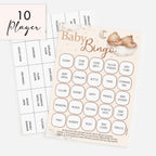 10-player Teddy Bear Baby Shower Bingo pack with premium 5 x 7 inch bingo card and baby-themed calling cards.