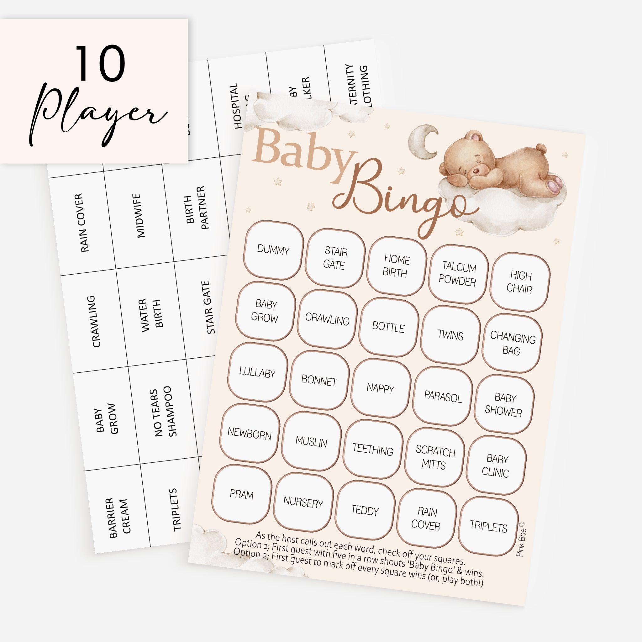 10-player Teddy Bear Baby Shower Bingo pack with premium 5 x 7 inch bingo card and baby-themed calling cards.