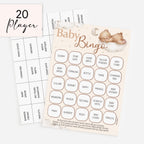 Baby Bingo game card set with a main bingo card featuring a sleeping teddy bear illustration, an additional back card, and a small inset showing 20 total players, all on a light neutral background.