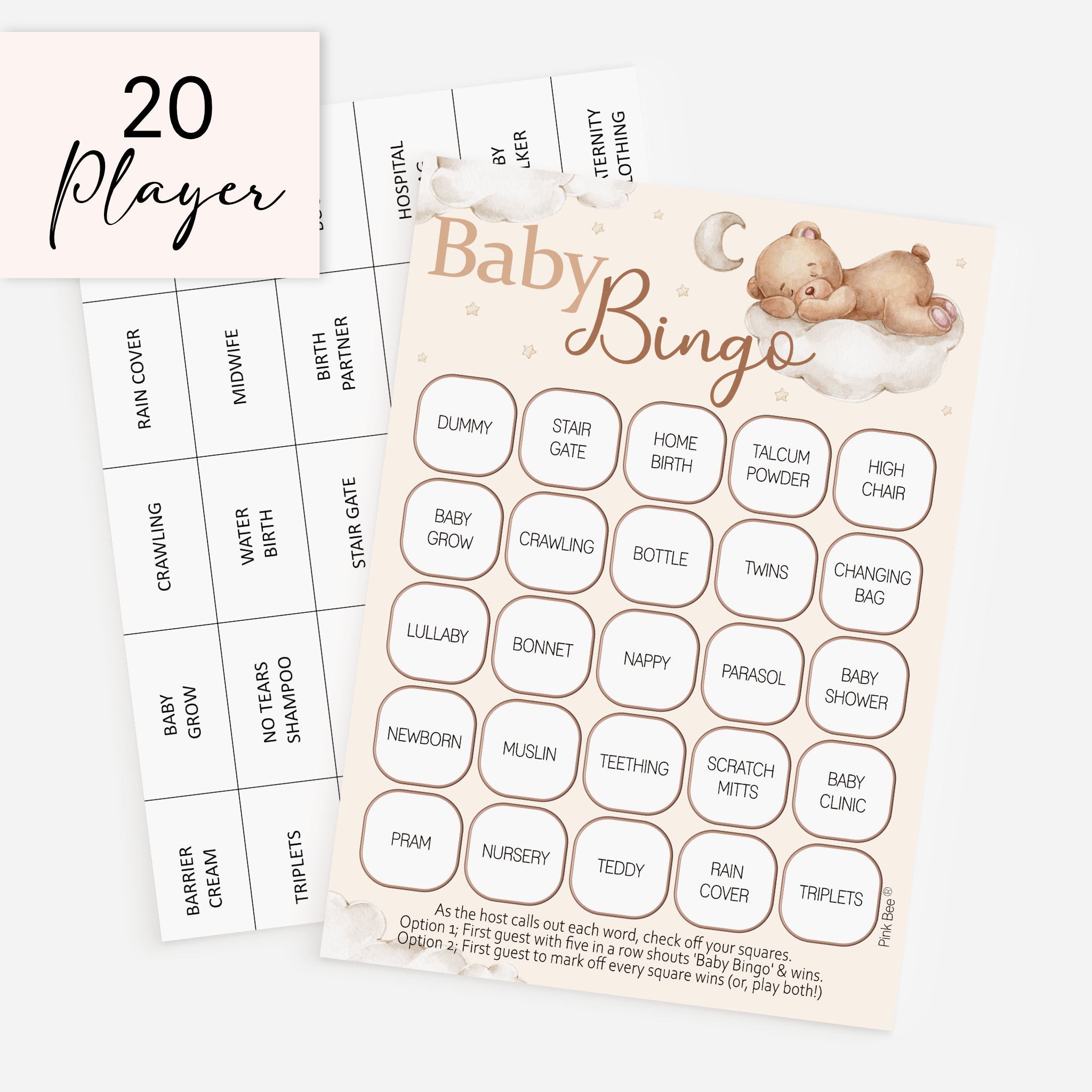 Baby Bingo game card set with a main bingo card featuring a sleeping teddy bear illustration, an additional back card, and a small inset showing 20 total players, all on a light neutral background.
