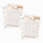 Teddy Bear baby shower bingo game cards with matching baby-themed calling cards in soft beige neutral teddy theme for baby boy, baby girl and gender-neutral baby showers.