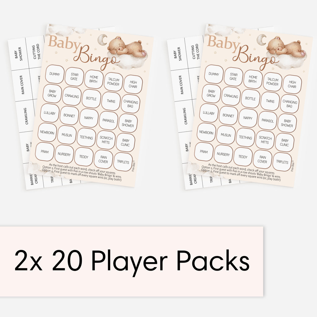 Two 20-player Teddy Bear Baby Shower Bingo game packs showing duplicate bingo cards and calling cards for larger baby shower parties.