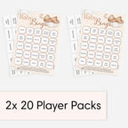 Two 20-player Teddy Bear Baby Shower Bingo game packs showing duplicate bingo cards and calling cards for larger baby shower parties.