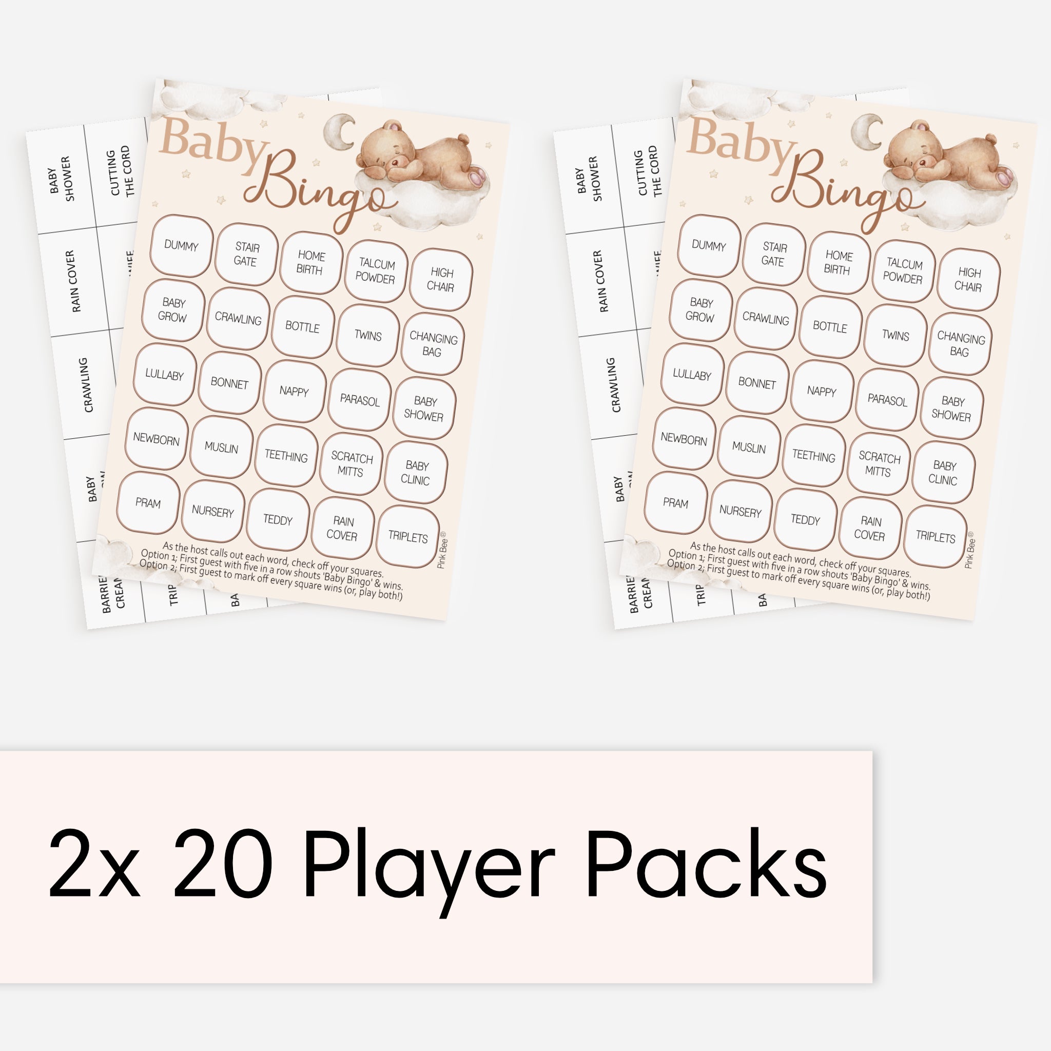 Two 20-player Teddy Bear Baby Shower Bingo game packs showing duplicate bingo cards and calling cards for larger baby shower parties.